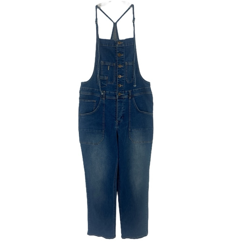 Hyfve Denim Stretch Flare Button Overalls SZ M New